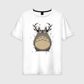 Женская футболка хлопок Oversize с принтом Totoro Deer в Новосибирске, 100% хлопок | свободный крой, круглый ворот, спущенный рукав, длина до линии бедер
 | deer | ghibli | japan | nature | neigbor | neighbour | totoro | анимация | аниме | гибли | друг | животные | лес | милый | мир | миядзаки | мой сосед тоторо | мульт | мультфильм | олень | природа | сосед | тоторо | хаяо | хранитель