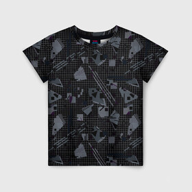 Детская футболка 3D с принтом Темный серый узор мемфис в Новосибирске, 100% гипоаллергенный полиэфир | прямой крой, круглый вырез горловины, длина до линии бедер, чуть спущенное плечо, ткань немного тянется | абстрактный | геометрический | детский | клетка | клетчатый узор | линии | мемфис | популярный | современный | темно черный | школьный