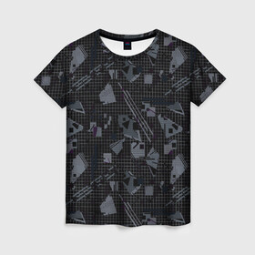 Женская футболка 3D с принтом Темный серый узор мемфис в Новосибирске, 100% полиэфир ( синтетическое хлопкоподобное полотно) | прямой крой, круглый вырез горловины, длина до линии бедер | абстрактный | геометрический | детский | клетка | клетчатый узор | линии | мемфис | популярный | современный | темно черный | школьный