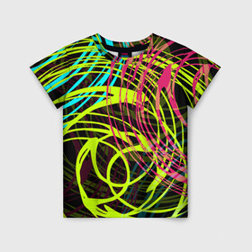 Детская футболка 3D с принтом Разноцветные спирали  в Новосибирске, 100% гипоаллергенный полиэфир | прямой крой, круглый вырез горловины, длина до линии бедер, чуть спущенное плечо, ткань немного тянется | абстрактный | желтый | круги | модный | молодежный | разводы | разноцветная абстракция | розовый | современный | спирали | черный