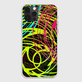 Чехол для iPhone 12 Pro с принтом Разноцветные спирали  в Новосибирске, силикон | область печати: задняя сторона чехла, без боковых панелей | абстрактный | желтый | круги | модный | молодежный | разводы | разноцветная абстракция | розовый | современный | спирали | черный