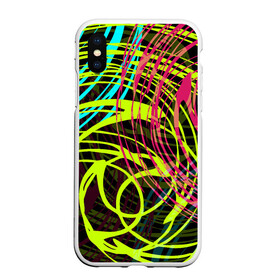 Чехол для iPhone XS Max матовый с принтом Разноцветные спирали  в Новосибирске, Силикон | Область печати: задняя сторона чехла, без боковых панелей | абстрактный | желтый | круги | модный | молодежный | разводы | разноцветная абстракция | розовый | современный | спирали | черный