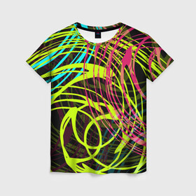 Женская футболка 3D с принтом Разноцветные спирали  в Новосибирске, 100% полиэфир ( синтетическое хлопкоподобное полотно) | прямой крой, круглый вырез горловины, длина до линии бедер | абстрактный | желтый | круги | модный | молодежный | разводы | разноцветная абстракция | розовый | современный | спирали | черный