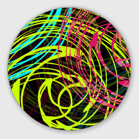 Коврик для мышки круглый с принтом Разноцветные спирали  в Новосибирске, резина и полиэстер | круглая форма, изображение наносится на всю лицевую часть | абстрактный | желтый | круги | модный | молодежный | разводы | разноцветная абстракция | розовый | современный | спирали | черный