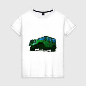 Женская футболка хлопок с принтом УАЗ Хантер I Hunter в Новосибирске, 100% хлопок | прямой крой, круглый вырез горловины, длина до линии бедер, слегка спущенное плечо | Тематика изображения на принте: off road | внедорожник | джип | зеленый | камень | уазик