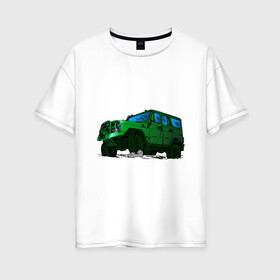 Женская футболка хлопок Oversize с принтом УАЗ Хантер I Hunter в Новосибирске, 100% хлопок | свободный крой, круглый ворот, спущенный рукав, длина до линии бедер
 | off road | внедорожник | джип | зеленый | камень | уазик