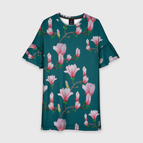 Детское платье 3D с принтом Розовые магнолии на бирюзовом в Новосибирске, 100% полиэстер | прямой силуэт, чуть расширенный к низу. Круглая горловина, на рукавах — воланы | 8 марта | flowers | summer | бирюзовый | ботаническая иллюстрация | весна | зеленый | лето | любовь | магнолия | праздник | принт | природа | растения | розовый | цветы