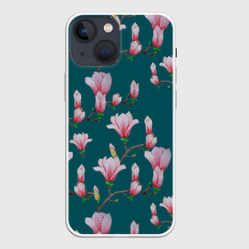 Чехол для iPhone 13 mini с принтом Розовые магнолии на бирюзовом в Новосибирске,  |  | 8 марта | flowers | summer | бирюзовый | ботаническая иллюстрация | весна | зеленый | лето | любовь | магнолия | праздник | принт | природа | растения | розовый | цветы