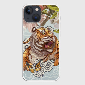 Чехол для iPhone 13 mini с принтом Тигр в облаках в Новосибирске,  |  | бабочка | восточные мотивы | нежность | облака | сакура | тигр | хищник | цветы