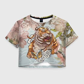 Женская футболка Crop-top 3D с принтом Тигр в облаках в Новосибирске, 100% полиэстер | круглая горловина, длина футболки до линии талии, рукава с отворотами | бабочка | восточные мотивы | нежность | облака | сакура | тигр | хищник | цветы