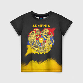 Детская футболка 3D с принтом Yellow and Black Armenia в Новосибирске, 100% гипоаллергенный полиэфир | прямой крой, круглый вырез горловины, длина до линии бедер, чуть спущенное плечо, ткань немного тянется | armenia | logo | армения | армян | армяни | герб | лев и орел | лого | символ | флаг | флаг и герб армении