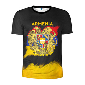 Мужская футболка 3D спортивная с принтом Yellow and Black Armenia в Новосибирске, 100% полиэстер с улучшенными характеристиками | приталенный силуэт, круглая горловина, широкие плечи, сужается к линии бедра | Тематика изображения на принте: armenia | logo | армения | армян | армяни | герб | лев и орел | лого | символ | флаг | флаг и герб армении
