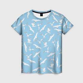 Женская футболка 3D с принтом Чайки в небе паттерн в Новосибирске, 100% полиэфир ( синтетическое хлопкоподобное полотно) | прямой крой, круглый вырез горловины, длина до линии бедер | акварель | голубое небо | иллюстрация | паттерн | птицы | рисунок | чайка | чайки | чайки в небе