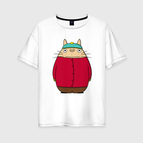 Женская футболка хлопок Oversize с принтом Totoro Cartman в Новосибирске, 100% хлопок | свободный крой, круглый ворот, спущенный рукав, длина до линии бедер
 | ghibli | japan | nature | neigbor | neighbour | totoro | анимация | аниме | гибли | друг | животные | лес | милый | мир | миядзаки | мой сосед тоторо | мульт | мультфильм | природа | сосед | тоторо | хаяо | хранитель | япония