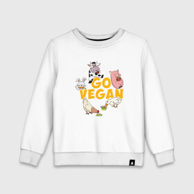 Детский свитшот хлопок с принтом Go Vegan в Новосибирске, 100% хлопок | круглый вырез горловины, эластичные манжеты, пояс и воротник | Тематика изображения на принте: green | greenpaece | vegan | yoga | веган | вегетарианец | гринпис | дерево | еда | животные | жизнь | здоровье | зеленый | йога | мир | овощи | пища | планета | природа | фрукты