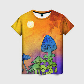 Женская футболка 3D с принтом Заколдованный лес в Новосибирске, 100% полиэфир ( синтетическое хлопкоподобное полотно) | прямой крой, круглый вырез горловины, длина до линии бедер | акварель | глитч грибы | грибы | грибы нарисованные карандашом | листва | необычный лес | цветные грибы