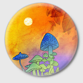 Значок с принтом Заколдованный лес в Новосибирске,  металл | круглая форма, металлическая застежка в виде булавки | акварель | глитч грибы | грибы | грибы нарисованные карандашом | листва | необычный лес | цветные грибы