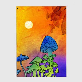 Постер с принтом Заколдованный лес в Новосибирске, 100% бумага
 | бумага, плотность 150 мг. Матовая, но за счет высокого коэффициента гладкости имеет небольшой блеск и дает на свету блики, но в отличии от глянцевой бумаги не покрыта лаком | акварель | глитч грибы | грибы | грибы нарисованные карандашом | листва | необычный лес | цветные грибы