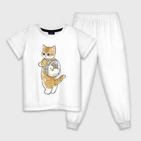 Детская пижама хлопок с принтом Котёнок с гусём в Новосибирске, 100% хлопок |  брюки и футболка прямого кроя, без карманов, на брюках мягкая резинка на поясе и по низу штанин
 | арт | гусь | домашнее животное | кот | котёнок | кошка | милая кошка | милый кот | милый котёнок | пончик | прогулка | рисунок | рюкзак