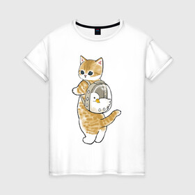 Женская футболка хлопок с принтом Котёнок с гусём в Новосибирске, 100% хлопок | прямой крой, круглый вырез горловины, длина до линии бедер, слегка спущенное плечо | арт | гусь | домашнее животное | кот | котёнок | кошка | милая кошка | милый кот | милый котёнок | пончик | прогулка | рисунок | рюкзак