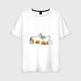 Женская футболка хлопок Oversize с принтом Отдых с другом в Новосибирске, 100% хлопок | свободный крой, круглый ворот, спущенный рукав, длина до линии бедер
 | арт | динозавр | игрушка | кот | котёнок | кошка | милая кошка | милый кот | милый котёнок | пончик | рисунок | рыжая кошка | рыжий кот | рыжий котёнок