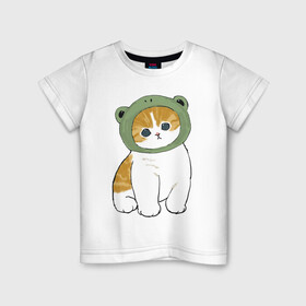 Детская футболка хлопок с принтом Котолягушонок в Новосибирске, 100% хлопок | круглый вырез горловины, полуприлегающий силуэт, длина до линии бедер | арт | кот | котёнок | кошка | лягушёнок | лягушка | маска | милая кошка | милый кот | милый котёнок | пончик | рисунок | шапка | шапочка | шапочка лягушки