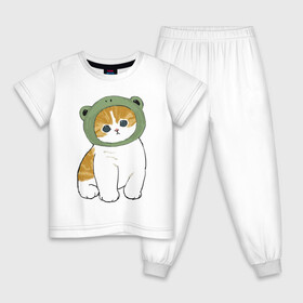 Детская пижама хлопок с принтом Котолягушонок в Новосибирске, 100% хлопок |  брюки и футболка прямого кроя, без карманов, на брюках мягкая резинка на поясе и по низу штанин
 | Тематика изображения на принте: арт | кот | котёнок | кошка | лягушёнок | лягушка | маска | милая кошка | милый кот | милый котёнок | пончик | рисунок | шапка | шапочка | шапочка лягушки