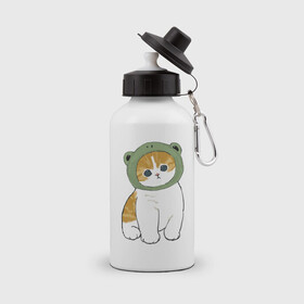 Бутылка спортивная с принтом Котолягушонок в Новосибирске, металл | емкость — 500 мл, в комплекте две пластиковые крышки и карабин для крепления | арт | кот | котёнок | кошка | лягушёнок | лягушка | маска | милая кошка | милый кот | милый котёнок | пончик | рисунок | шапка | шапочка | шапочка лягушки