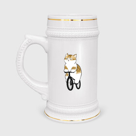 Кружка пивная с принтом Котик на велосипеде в Новосибирске,  керамика (Материал выдерживает высокую температуру, стоит избегать резкого перепада температур) |  объем 630 мл | Тематика изображения на принте: арт | велосипед | ветер | кот | котёнок | кошка | милая кошка | милый кот | милый котёнок | отдых | отдыхает | пончик | рисунок