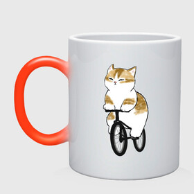 Кружка хамелеон с принтом Котик на велосипеде в Новосибирске, керамика | меняет цвет при нагревании, емкость 330 мл | арт | велосипед | ветер | кот | котёнок | кошка | милая кошка | милый кот | милый котёнок | отдых | отдыхает | пончик | рисунок
