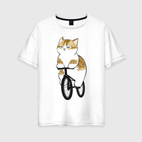 Женская футболка хлопок Oversize с принтом Котик на велосипеде в Новосибирске, 100% хлопок | свободный крой, круглый ворот, спущенный рукав, длина до линии бедер
 | арт | велосипед | ветер | кот | котёнок | кошка | милая кошка | милый кот | милый котёнок | отдых | отдыхает | пончик | рисунок