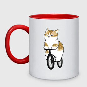 Кружка двухцветная с принтом Котик на велосипеде в Новосибирске, керамика | объем — 330 мл, диаметр — 80 мм. Цветная ручка и кайма сверху, в некоторых цветах — вся внутренняя часть | арт | велосипед | ветер | кот | котёнок | кошка | милая кошка | милый кот | милый котёнок | отдых | отдыхает | пончик | рисунок