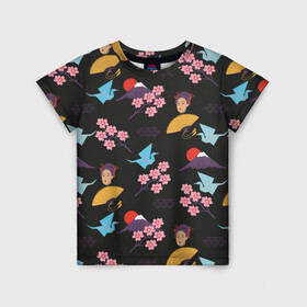 Детская футболка 3D с принтом Япония паттерн в Новосибирске, 100% гипоаллергенный полиэфир | прямой крой, круглый вырез горловины, длина до линии бедер, чуть спущенное плечо, ткань немного тянется | веер | иллюстрация | оригами | паттерн | путешествия | рисунок | сакура | туризм | туристический | фуджияма | япония