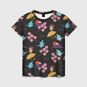Женская футболка 3D с принтом Япония паттерн в Новосибирске, 100% полиэфир ( синтетическое хлопкоподобное полотно) | прямой крой, круглый вырез горловины, длина до линии бедер | веер | иллюстрация | оригами | паттерн | путешествия | рисунок | сакура | туризм | туристический | фуджияма | япония
