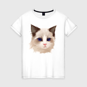 Женская футболка хлопок с принтом Хмурый кот в Новосибирске, 100% хлопок | прямой крой, круглый вырез горловины, длина до линии бедер, слегка спущенное плечо | арт | белая кошка | иллюстрация | котенок | котик | кошечка