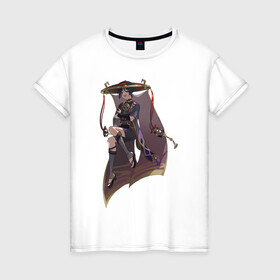 Женская футболка хлопок с принтом Скарамучча в Новосибирске, 100% хлопок | прямой крой, круглый вырез горловины, длина до линии бедер, слегка спущенное плечо | арт | баал | инадзума | милый парень | рисунок | скарамучча | фатуи