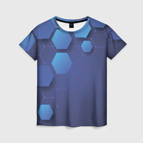 Женская футболка 3D с принтом Шестиугольники в Новосибирске, 100% полиэфир ( синтетическое хлопкоподобное полотно) | прямой крой, круглый вырез горловины, длина до линии бедер | геометрические фигуры | геометрия | линии | ромбы | синий фон | фигуры