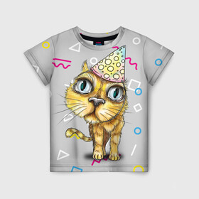 Детская футболка 3D с принтом Котик в Новосибирске, 100% гипоаллергенный полиэфир | прямой крой, круглый вырез горловины, длина до линии бедер, чуть спущенное плечо, ткань немного тянется | геометрия | глаза | день рождения | именинник | кот | котик