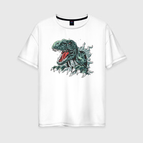Женская футболка хлопок Oversize с принтом Динозавр в Новосибирске, 100% хлопок | свободный крой, круглый ворот, спущенный рукав, длина до линии бедер
 | динозавр | тиранозавр | угроза | хищник | эра