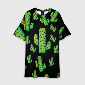 Детское платье 3D с принтом Cactus Time - Веселые кактусы в Новосибирске, 100% полиэстер | прямой силуэт, чуть расширенный к низу. Круглая горловина, на рукавах — воланы | Тематика изображения на принте: cactus time | веселый | зеленый | кактусы | милый