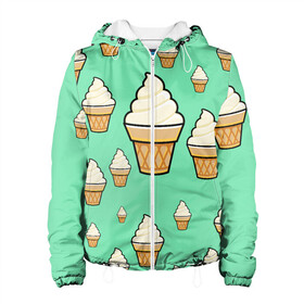 Женская куртка 3D с принтом Мороженое - Ice Cream Party в Новосибирске, ткань верха — 100% полиэстер, подклад — флис | прямой крой, подол и капюшон оформлены резинкой с фиксаторами, два кармана без застежек по бокам, один большой потайной карман на груди. Карман на груди застегивается на липучку | ice cream party | вкуснотень | еда | мороженое | стаканчик