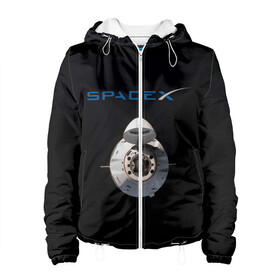 Женская куртка 3D с принтом SpaceX Dragon 2 в Новосибирске, ткань верха — 100% полиэстер, подклад — флис | прямой крой, подол и капюшон оформлены резинкой с фиксаторами, два кармана без застежек по бокам, один большой потайной карман на груди. Карман на груди застегивается на липучку | rocket | ship | space | spaceship | spacex | икс | корабль | космический | космос | ракета | спейс