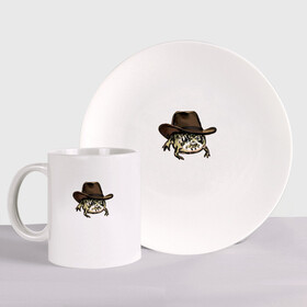 Набор: тарелка + кружка с принтом Дождевая лягушка в шляпе в Новосибирске, керамика | Кружка: объем — 330 мл, диаметр — 80 мм. Принт наносится на бока кружки, можно сделать два разных изображения. 
Тарелка: диаметр - 210 мм, диаметр для нанесения принта - 120 мм. | cowboy | cowboy hat | desert rain frog | howdy meme | meme | дождевая лягушка | иллюстрация | ковбой | ковбойская шляпа | лягуха | мемы | настроение | недовольное лицо | прикольные картинки | рисунок | сердитая лягушка