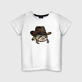 Детская футболка хлопок с принтом Дождевая лягушка в шляпе в Новосибирске, 100% хлопок | круглый вырез горловины, полуприлегающий силуэт, длина до линии бедер | Тематика изображения на принте: cowboy | cowboy hat | desert rain frog | howdy meme | meme | дождевая лягушка | иллюстрация | ковбой | ковбойская шляпа | лягуха | мемы | настроение | недовольное лицо | прикольные картинки | рисунок | сердитая лягушка