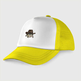Детская кепка тракер с принтом Дождевая лягушка в шляпе в Новосибирске, Козырек - 100% хлопок. Кепка - 100% полиэстер, Задняя часть - сетка | универсальный размер, пластиковая застёжка | cowboy | cowboy hat | desert rain frog | howdy meme | meme | дождевая лягушка | иллюстрация | ковбой | ковбойская шляпа | лягуха | мемы | настроение | недовольное лицо | прикольные картинки | рисунок | сердитая лягушка