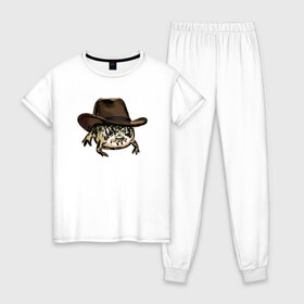 Женская пижама хлопок с принтом Дождевая лягушка в шляпе в Новосибирске, 100% хлопок | брюки и футболка прямого кроя, без карманов, на брюках мягкая резинка на поясе и по низу штанин | cowboy | cowboy hat | desert rain frog | howdy meme | meme | дождевая лягушка | иллюстрация | ковбой | ковбойская шляпа | лягуха | мемы | настроение | недовольное лицо | прикольные картинки | рисунок | сердитая лягушка
