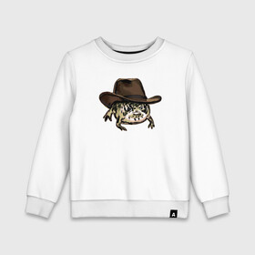 Детский свитшот хлопок с принтом Дождевая лягушка в шляпе в Новосибирске, 100% хлопок | круглый вырез горловины, эластичные манжеты, пояс и воротник | cowboy | cowboy hat | desert rain frog | howdy meme | meme | дождевая лягушка | иллюстрация | ковбой | ковбойская шляпа | лягуха | мемы | настроение | недовольное лицо | прикольные картинки | рисунок | сердитая лягушка