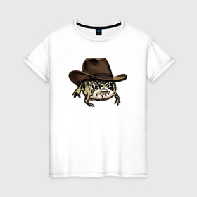 Женская футболка хлопок с принтом Дождевая лягушка в шляпе в Новосибирске, 100% хлопок | прямой крой, круглый вырез горловины, длина до линии бедер, слегка спущенное плечо | cowboy | cowboy hat | desert rain frog | howdy meme | meme | дождевая лягушка | иллюстрация | ковбой | ковбойская шляпа | лягуха | мемы | настроение | недовольное лицо | прикольные картинки | рисунок | сердитая лягушка