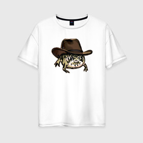 Женская футболка хлопок Oversize с принтом Дождевая лягушка в шляпе в Новосибирске, 100% хлопок | свободный крой, круглый ворот, спущенный рукав, длина до линии бедер
 | cowboy | cowboy hat | desert rain frog | howdy meme | meme | дождевая лягушка | иллюстрация | ковбой | ковбойская шляпа | лягуха | мемы | настроение | недовольное лицо | прикольные картинки | рисунок | сердитая лягушка
