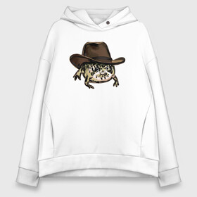 Женское худи Oversize хлопок с принтом Дождевая лягушка в шляпе в Новосибирске, френч-терри — 70% хлопок, 30% полиэстер. Мягкий теплый начес внутри —100% хлопок | боковые карманы, эластичные манжеты и нижняя кромка, капюшон на магнитной кнопке | cowboy | cowboy hat | desert rain frog | howdy meme | meme | дождевая лягушка | иллюстрация | ковбой | ковбойская шляпа | лягуха | мемы | настроение | недовольное лицо | прикольные картинки | рисунок | сердитая лягушка